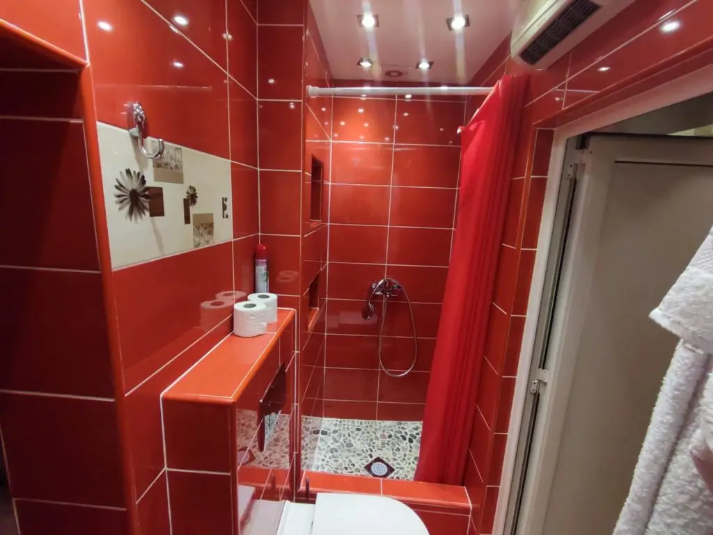 Red-tiled bathroom with shower, toilet, and wall shelf