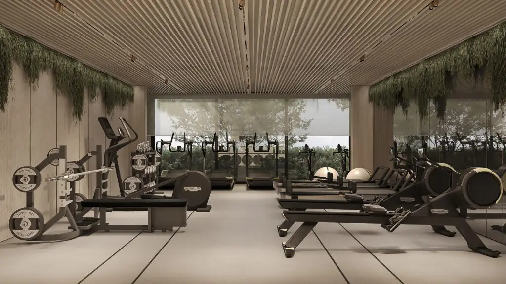Modern gym interior with treadmills, weight machines, and mirrors