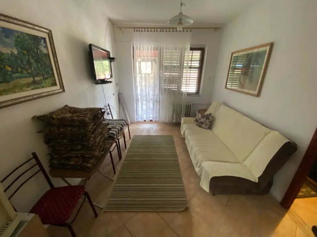 Small living room with sofa, TV, rug, and framed pictures