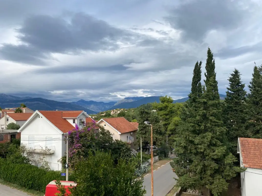 Houses with red roofs along a tree-lined road and mountains