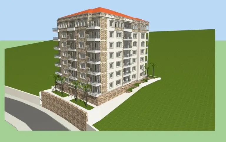 3D rendering of a six-story apartment building with orange roof and balconies