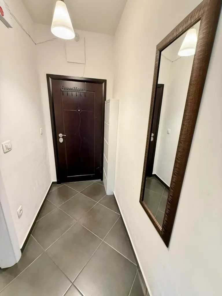 Narrow hallway with dark brown door and wall mirror