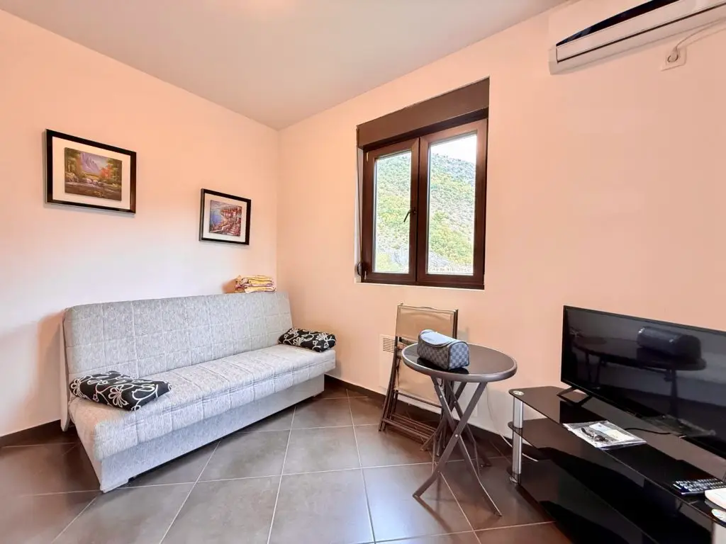 Small living room with sofa, TV, and mountain-view window