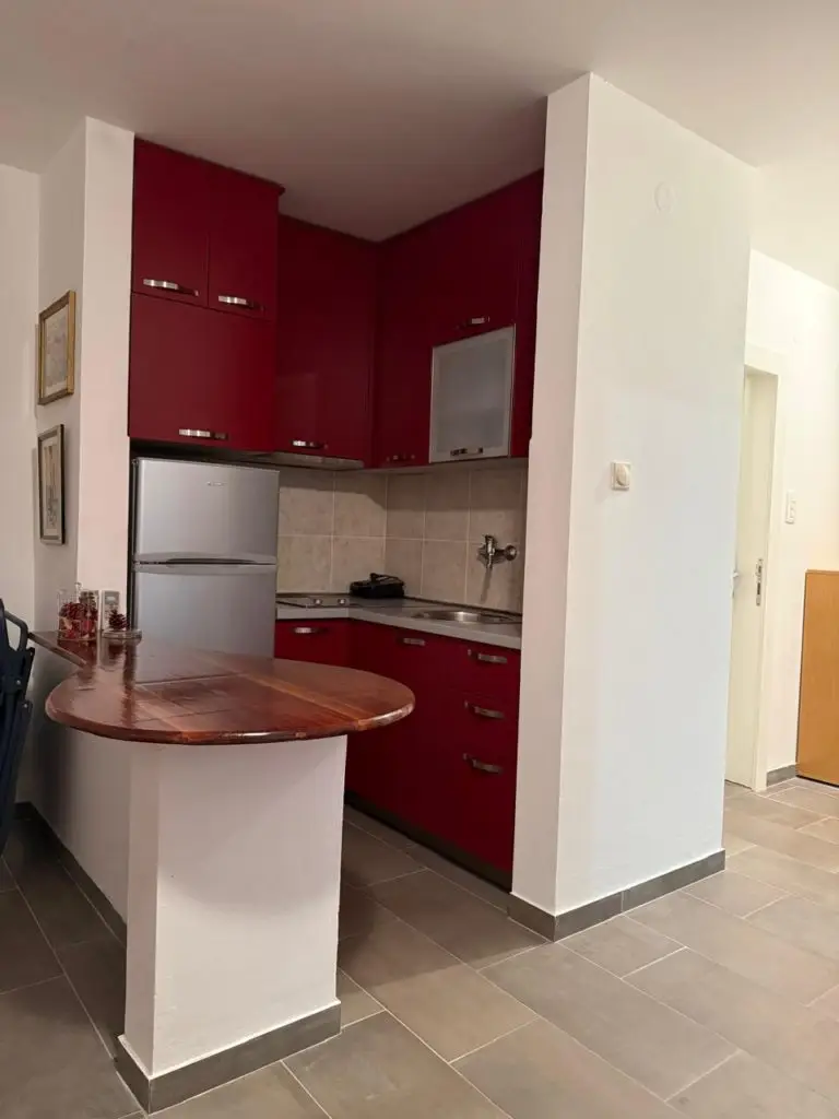 Compact kitchen with red cabinets, silver fridge, and wooden breakfast bar