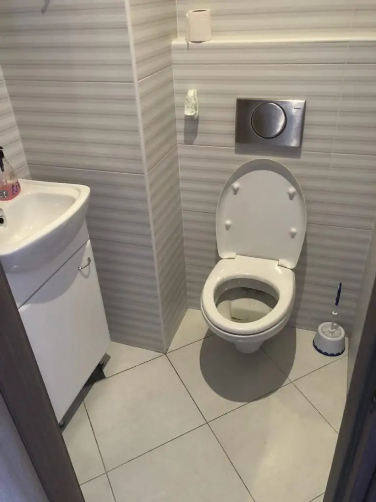 Small bathroom with toilet, sink cabinet, and toilet brush
