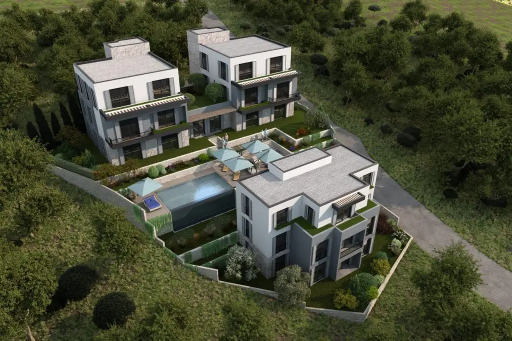 Aerial rendering of modern apartment buildings with central pool