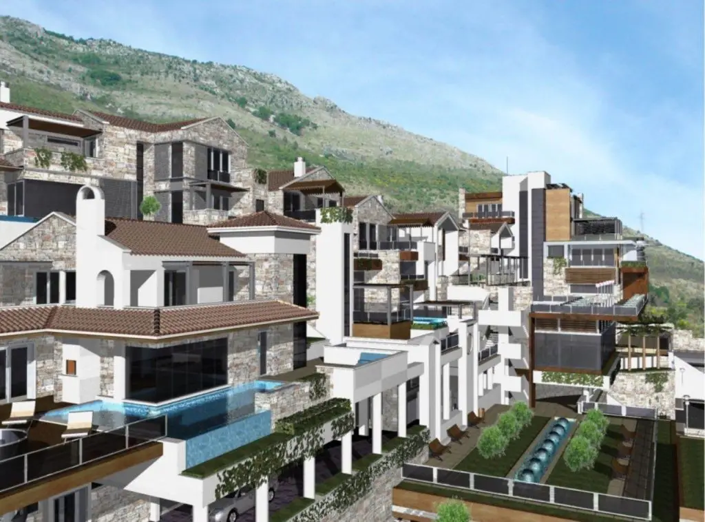 Rendered hillside villas with terraces and swimming pools