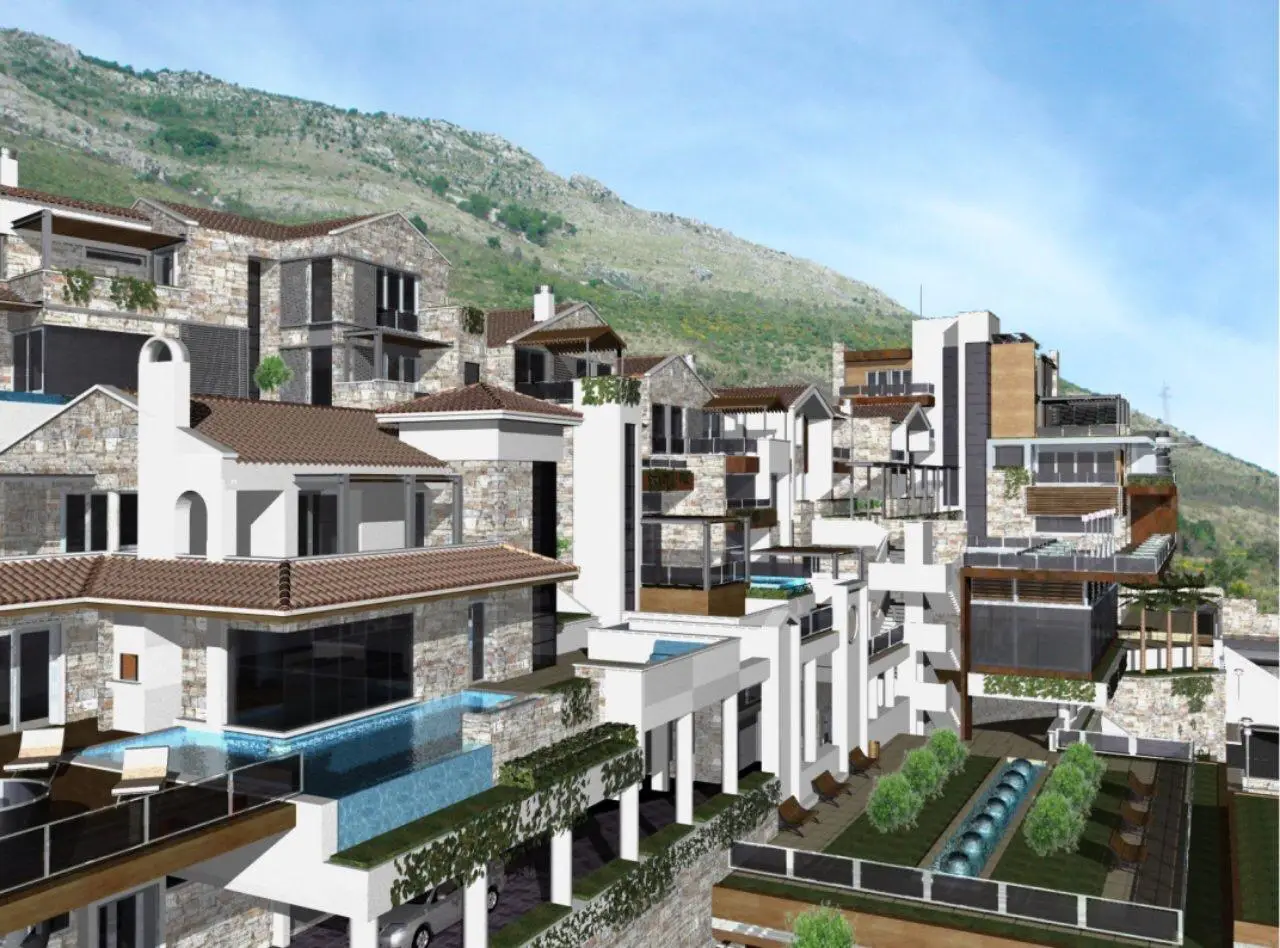 Rendered hillside villas with terraces and swimming pools