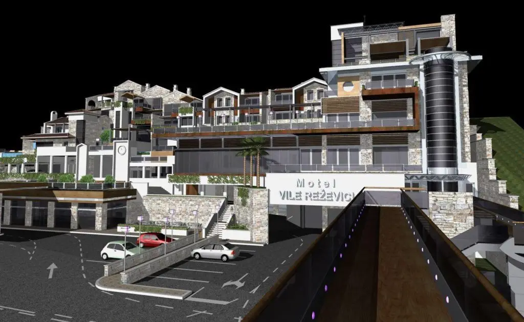 Rendered multi-level hotel building labeled “Motel VILE REŽEVIĆI” with parking entrance