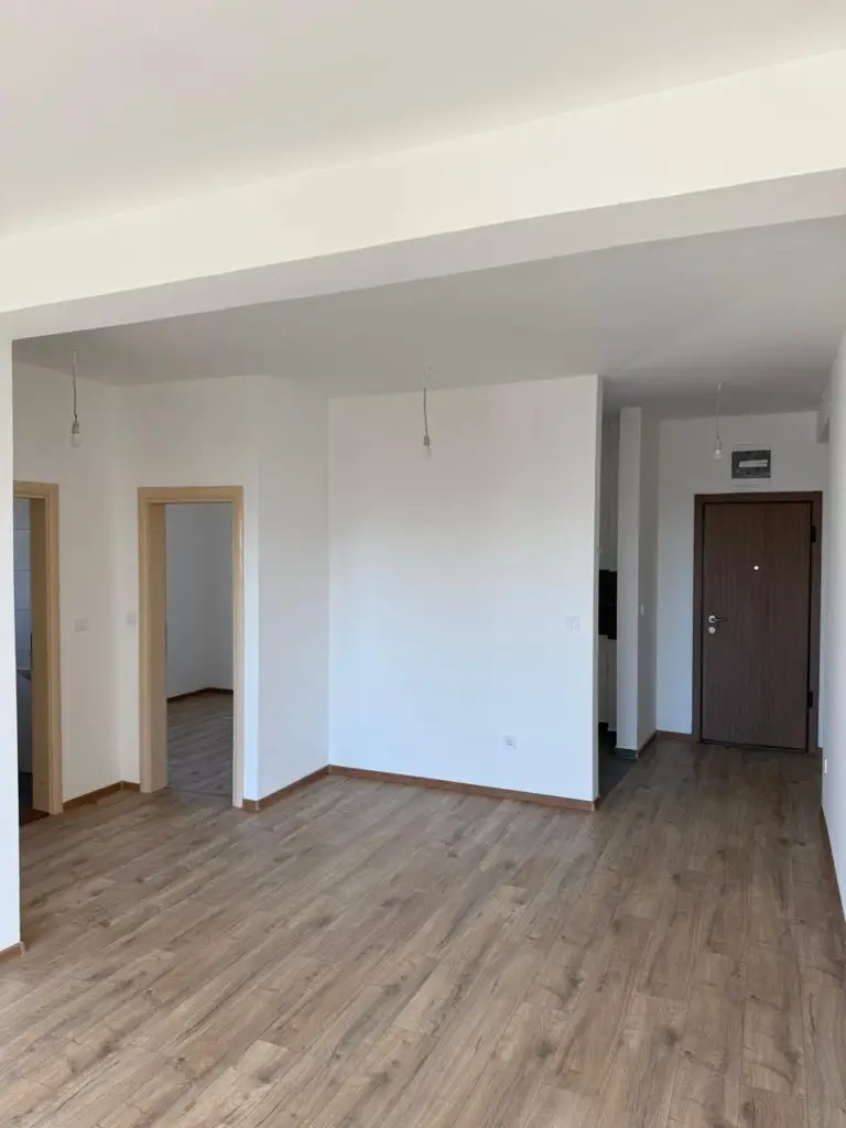 Empty room with wood-look floor, white walls, and brown front door