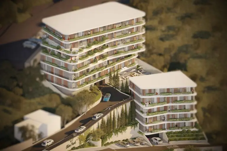 Rendered apartment complex with terraces, cars, and Olive Park text