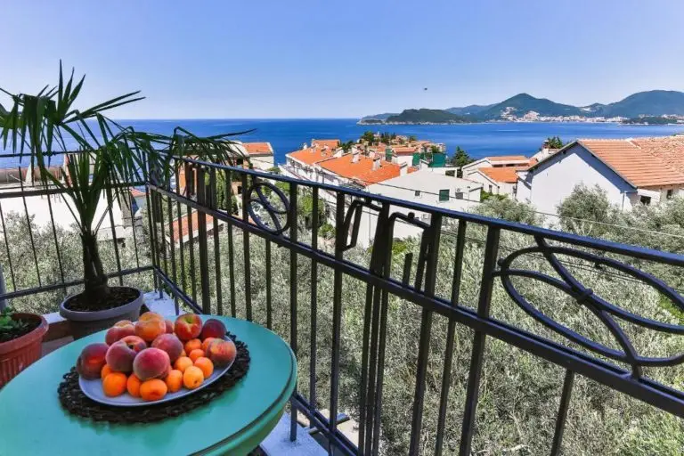 Balcony table with fruit, potted plant, and sea view