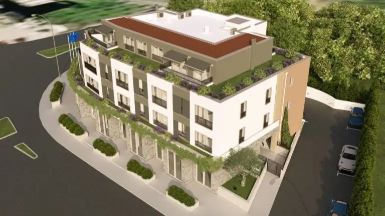 Architectural rendering of a modern apartment building with rooftop greenery