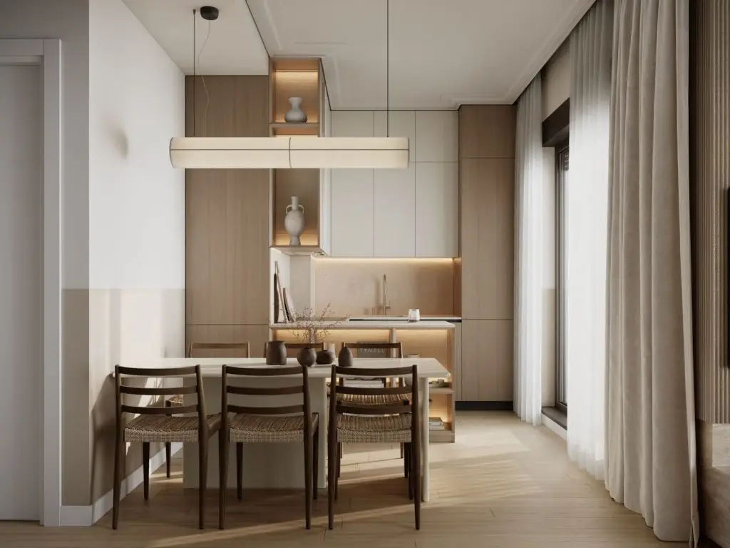 Modern dining area with light wood kitchen and curtains