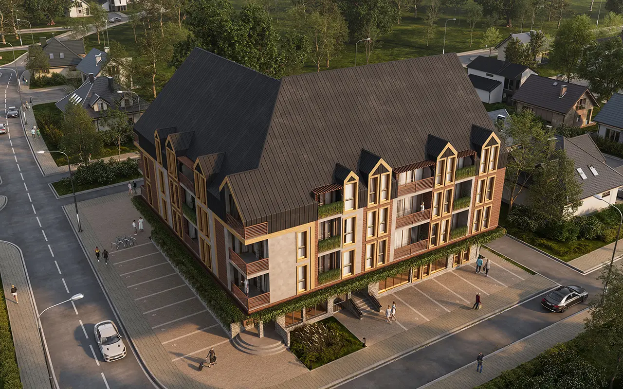 Aerial view of modern apartment building with steep roof