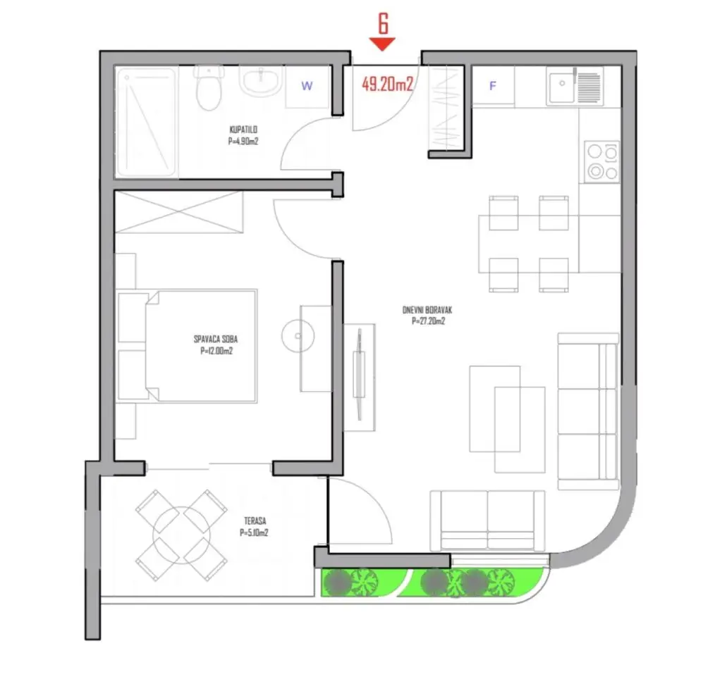One-bedroom apartment floor plan with terrace, bathroom, and living room