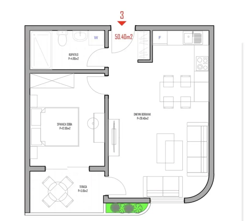 One-bedroom apartment floor plan with terrace, bathroom, and living area